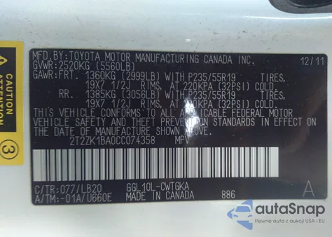 2012 Lexus Rx 350 из США, поврежденный, VIN 2T2ZK1BA0CC074358